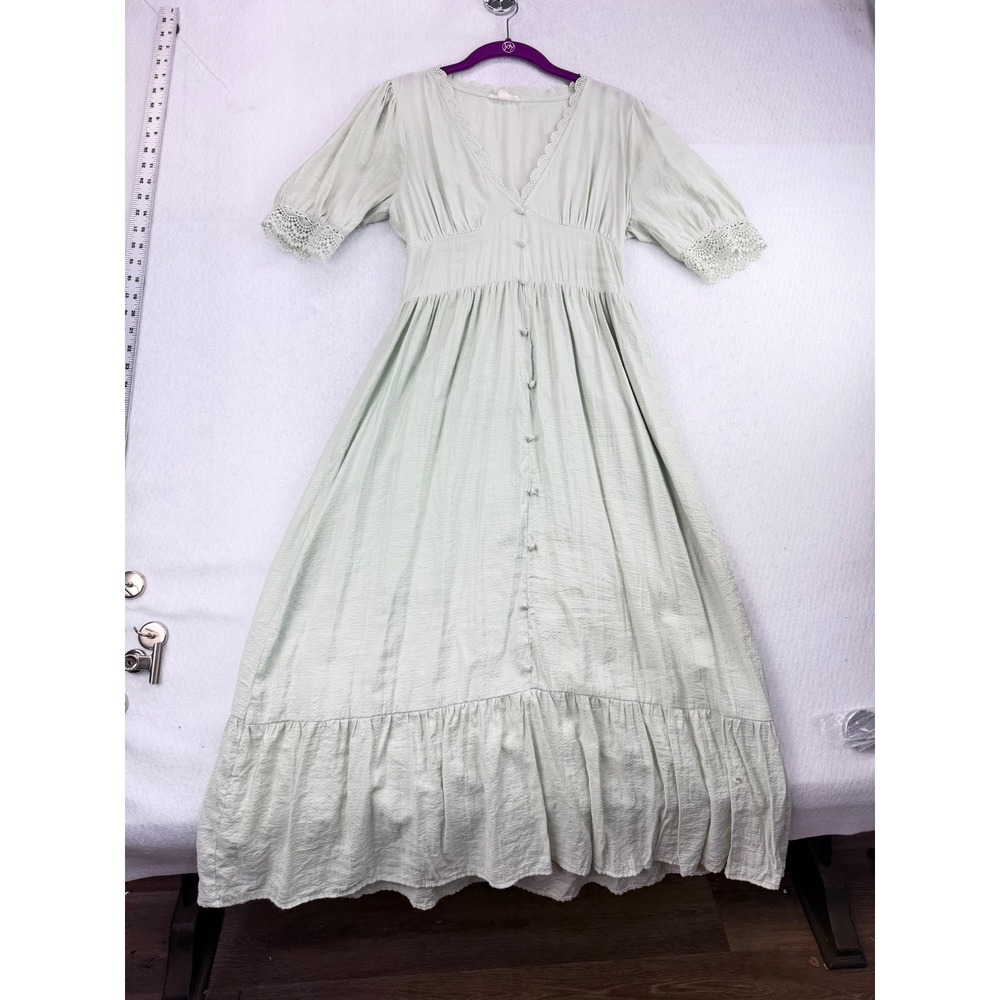 By The River Women's M Sage Green Maxi Dress Lace Trim Button Front Boho